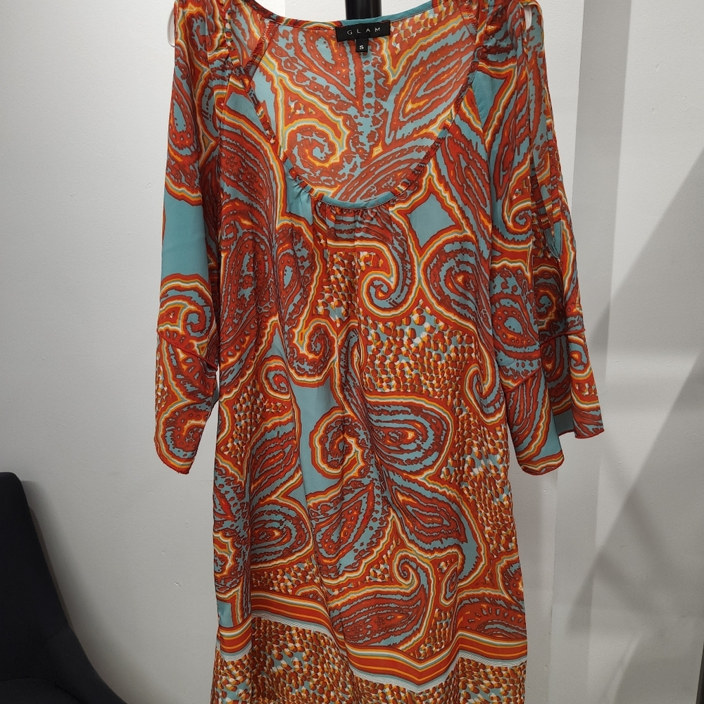 🍊Glam Bright Patterned Summer Dress Sz S